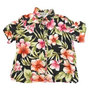 Caribbean Joe women’s size 1X let go floral Hawaiian button down shirt pink